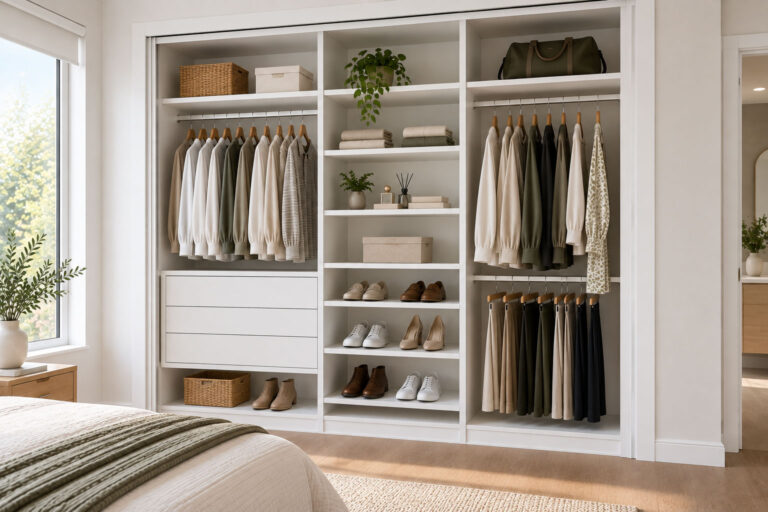 White melamine built-in wardrobe with double hanging, shelves, flat-faced drawers and shoe storage