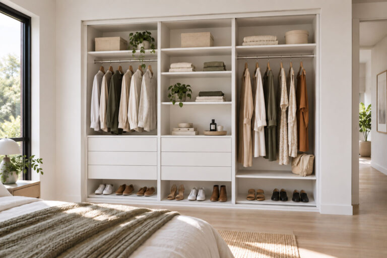 Custom built-in wardrobe internals in a Brisbane bedroom with hanging space, drawers, shelving and shoe storage