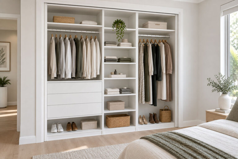 White melamine built-in wardrobe with open shelving, flat-faced drawers and full-height hanging