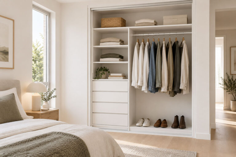 White melamine built-in wardrobe with shelves, flat-faced drawers and hanging space