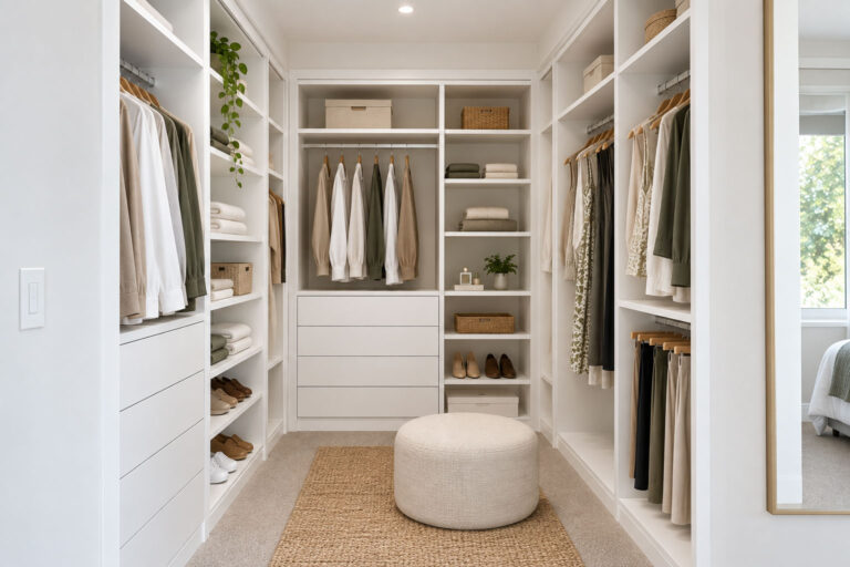 Compact U-shaped white melamine walk-in robe with shelving, hanging space and flat-faced drawers