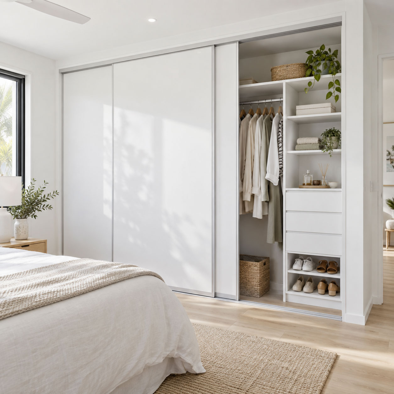 Custom built-in wardrobe in a Brisbane bedroom with sliding doors, shelving, drawers and hanging space