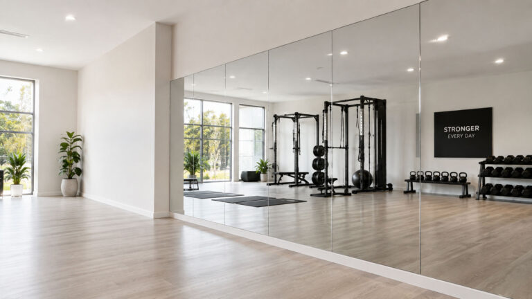 Custom gym mirror wall in a bright Gold Coast home gym with pale timber flooring