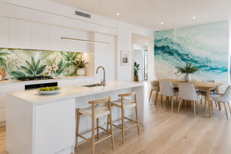 Custom printed glass splashback and wall panel in a contemporary Gold Coast home