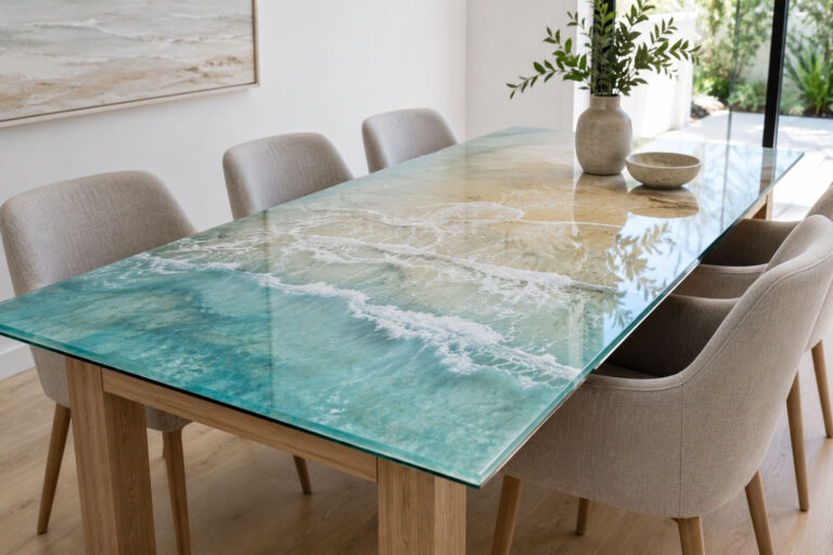 Custom coastal printed glass tabletop in a contemporary Gold Coast dining room