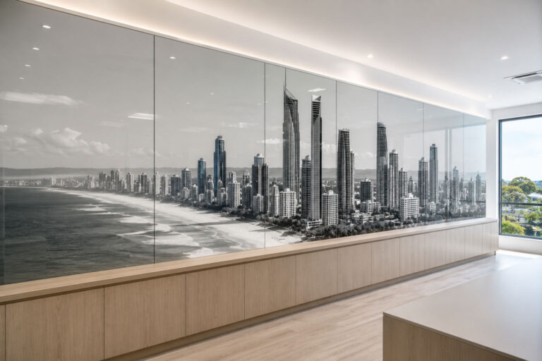 Custom printed glass wall panels featuring a panoramic cityscape in a contemporary Gold Coast interior.