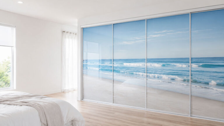 Custom printed sliding wardrobe doors with a surf beachscape in a bright coastal bedroom