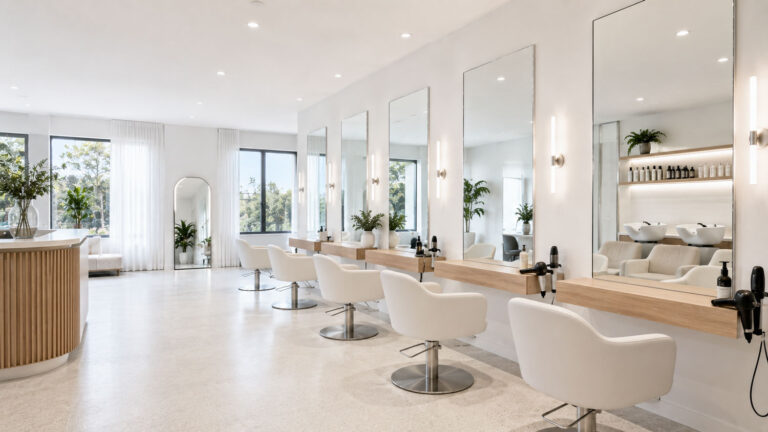 Custom salon mirror wall in a bright Gold Coast hair salon with white chairs and timber benches