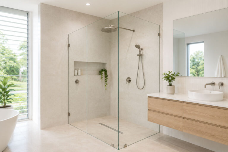 Custom frameless shower screen installed in a contemporary Brisbane bathroom