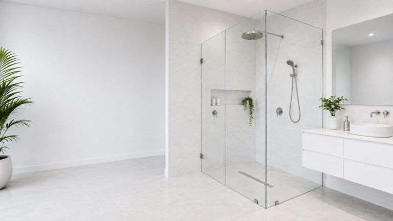 Frameless shower screen in a bright white Brisbane bathroom with white vanity
