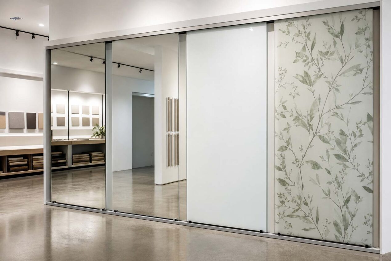 Frameless sliding wardrobe door options including mirror glass coloured glass and printed glass in a Gold Coast showroom