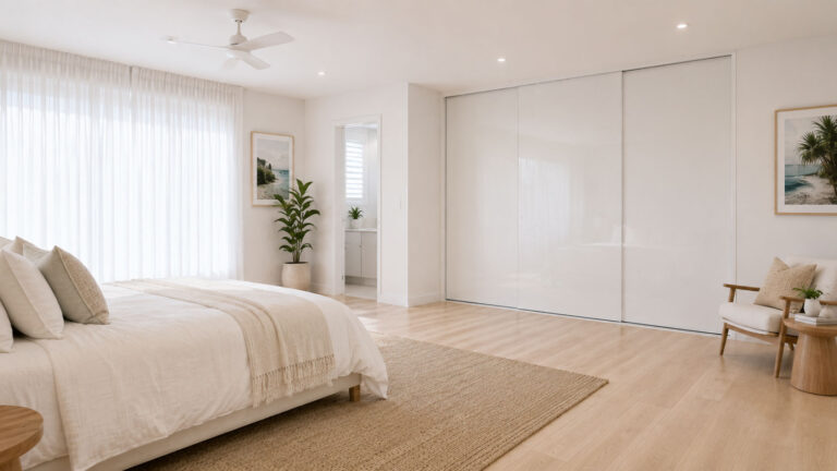 White frameless sliding wardrobe doors in a bright contemporary Gold Coast bedroom