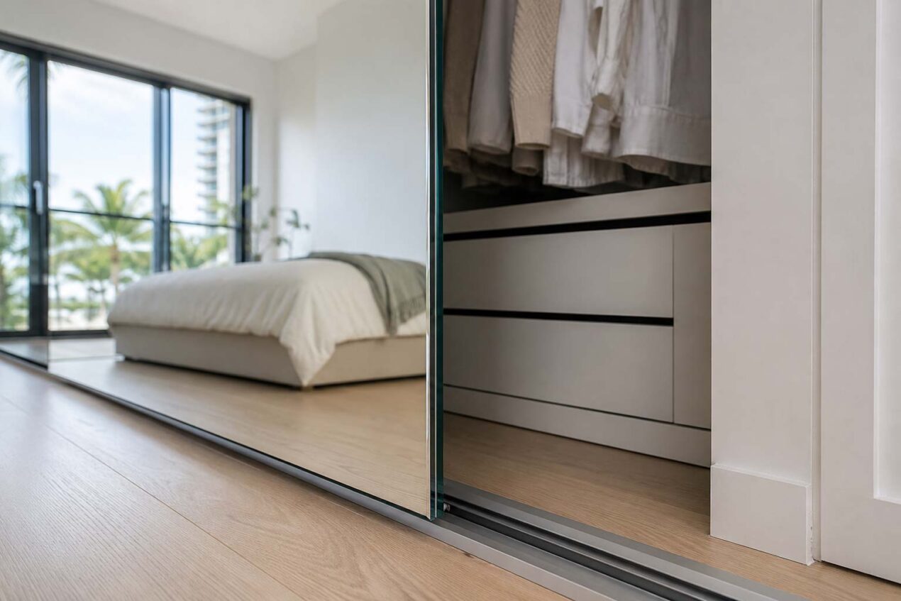 Frameless wardrobe door track detail showing a polished mirror edge in a Gold Coast bedroom