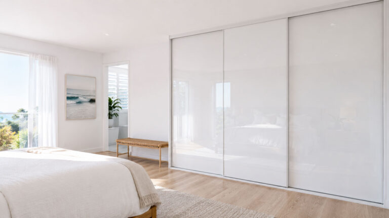 White glass sliding wardrobe doors in a bright contemporary Gold Coast bedroom
