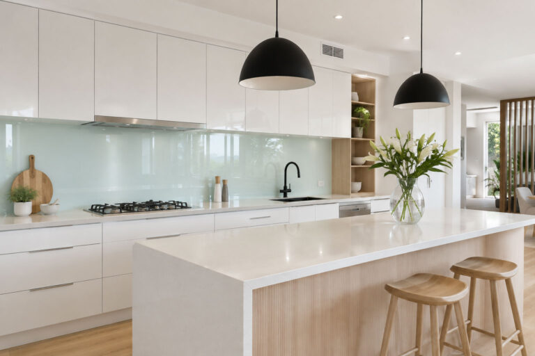 Contemporary Gold Coast kitchen with a glass splashback