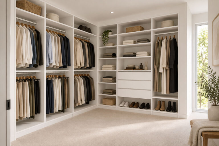 L-shaped white melamine walk-in robe with double hanging, shelving and flat-faced drawers