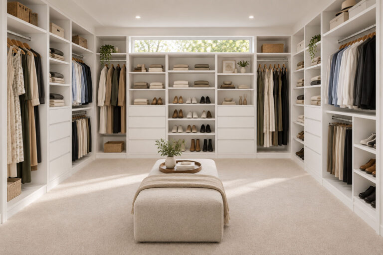 Large white melamine walk-in robe with hanging zones, shoe storage, shelving and drawer banks
