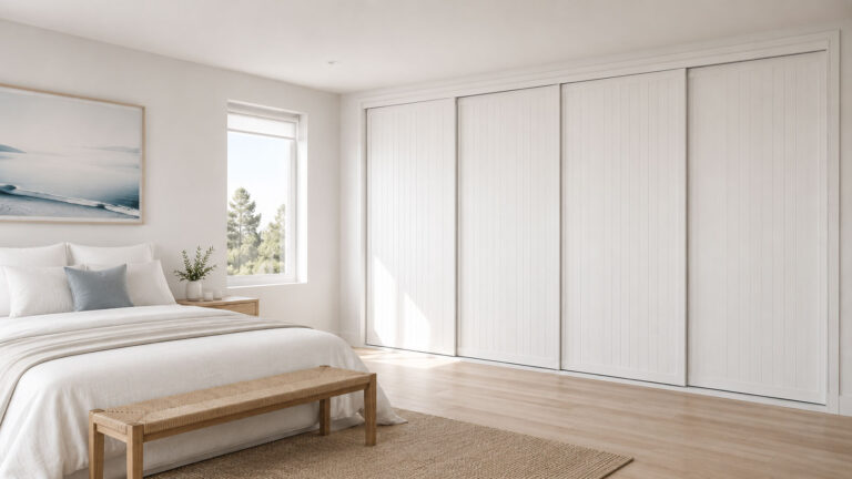 Off-white MDF sliding wardrobe doors with white frames in a Gold Coast bedroom