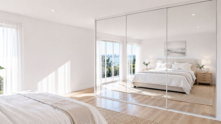 Mirror sliding wardrobe doors in a bright contemporary Gold Coast bedroom