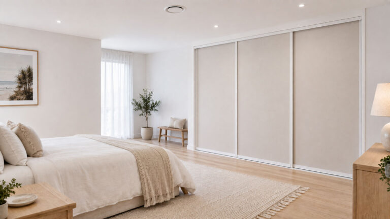 Unpainted gyprock sliding wardrobe doors with white frames in a Gold Coast bedroom