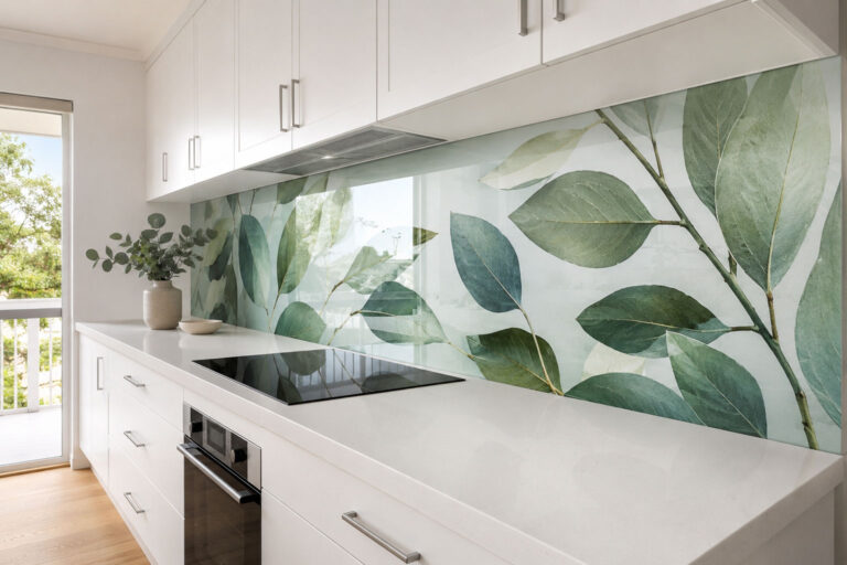 Custom printed glass wall art panels in a contemporary Gold Coast living room