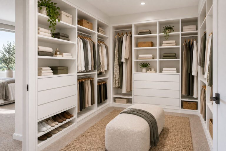 U-shaped white melamine walk-in robe with hanging space, drawers, shelving and shoe storage