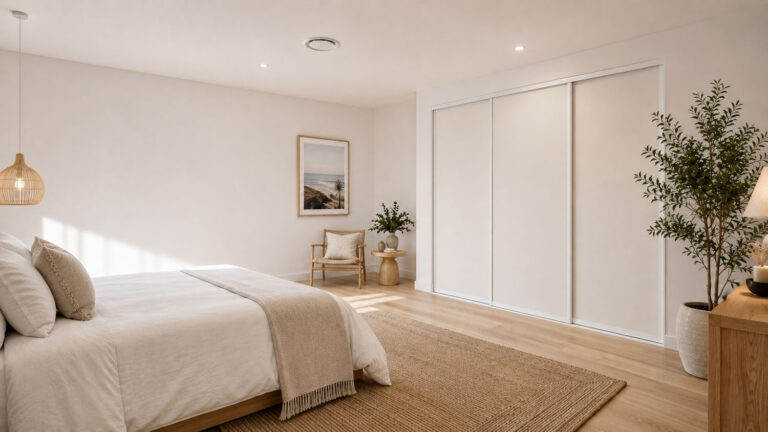 Off-white vinyl sliding wardrobe doors with white frames in a Gold Coast bedroom