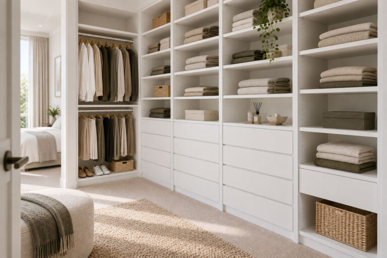 White melamine walk-in robe with flat-faced drawers, adjustable shelving and folded storage