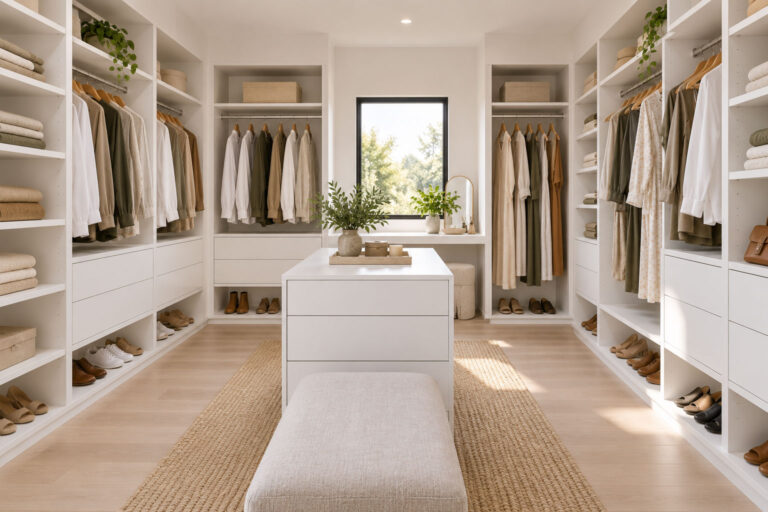 Custom walk-in robe in a Brisbane home with hanging space, drawers, shelving and shoe storage