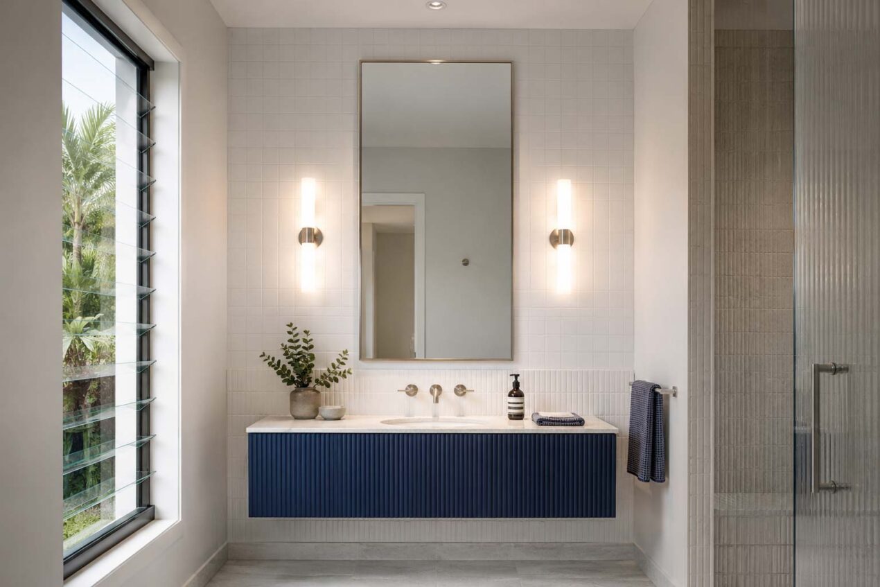 Bathroom mirror height and ceiling clearance above a single vanity in a Gold Coast bathroom