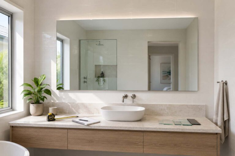 Bathroom mirror size guide showing a made-to-measure frameless mirror above a Gold Coast vanity