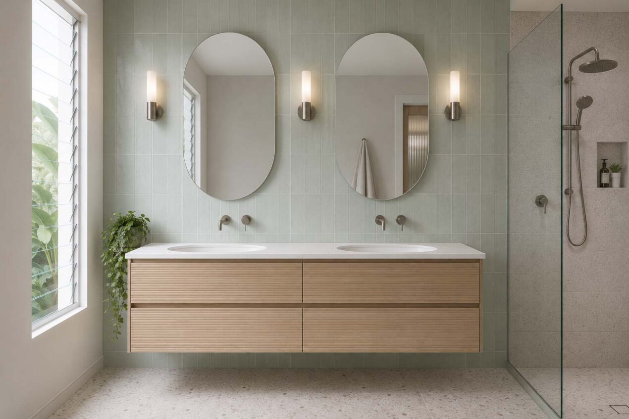 Double vanity bathroom mirror sizing with two frameless oval mirrors in a Gold Coast bathroom
