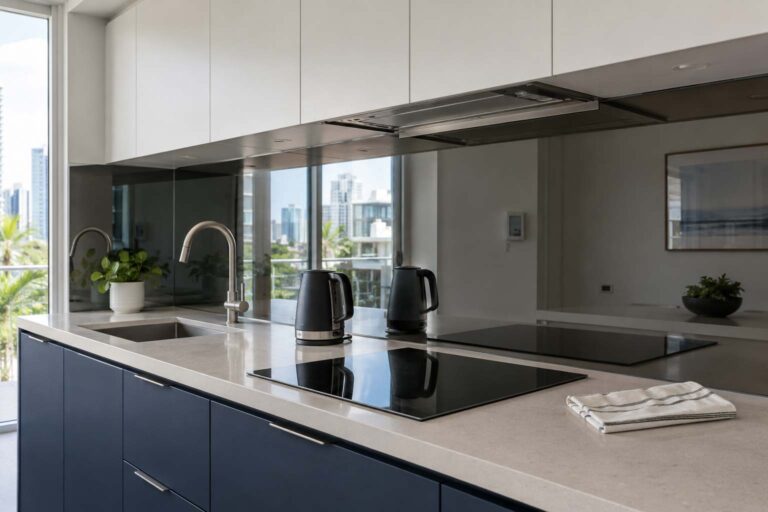 Mirror splashback pros and cons shown in a compact Gold Coast kitchen