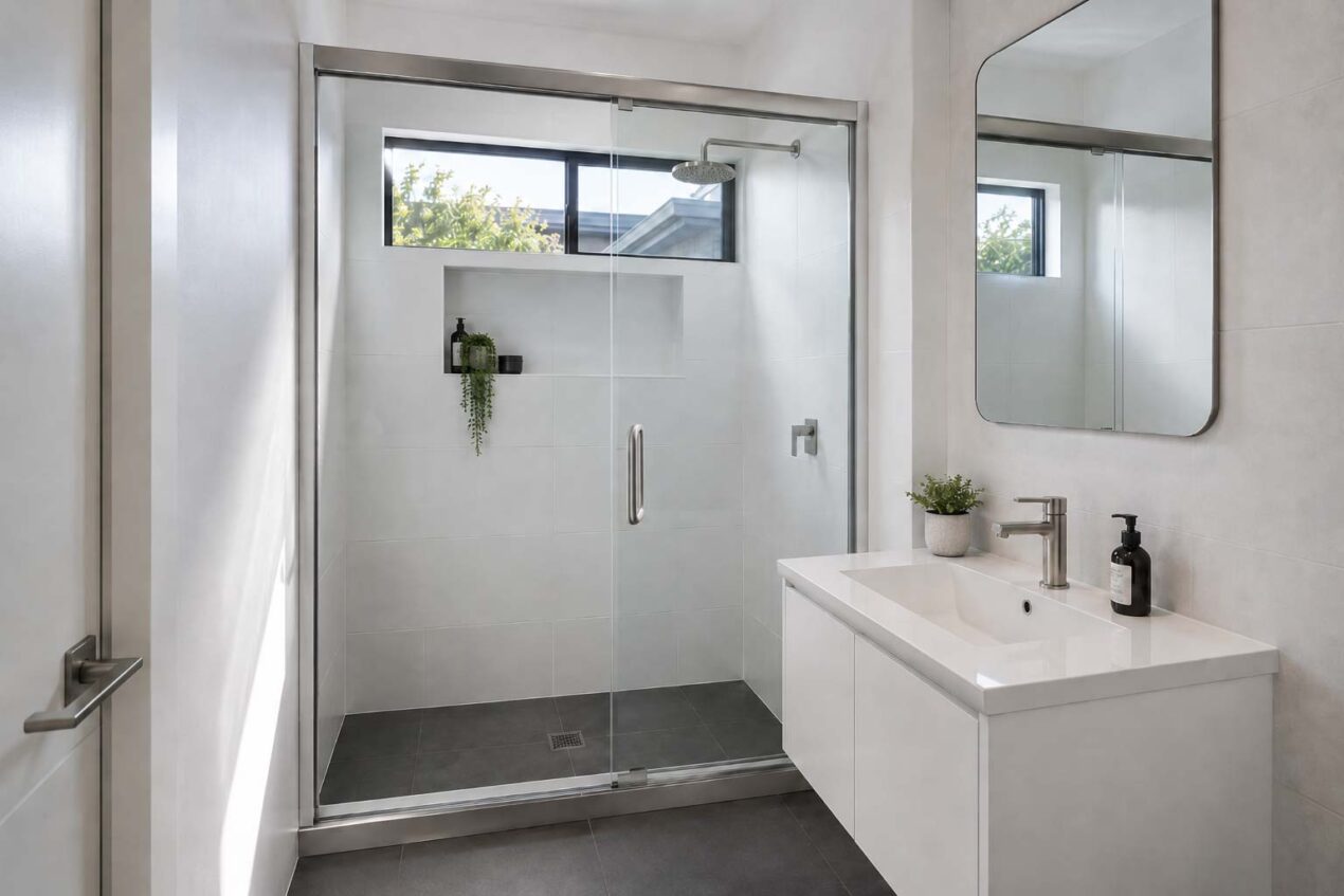 Semi-frameless sliding shower screen saving space in a compact Gold Coast ensuite