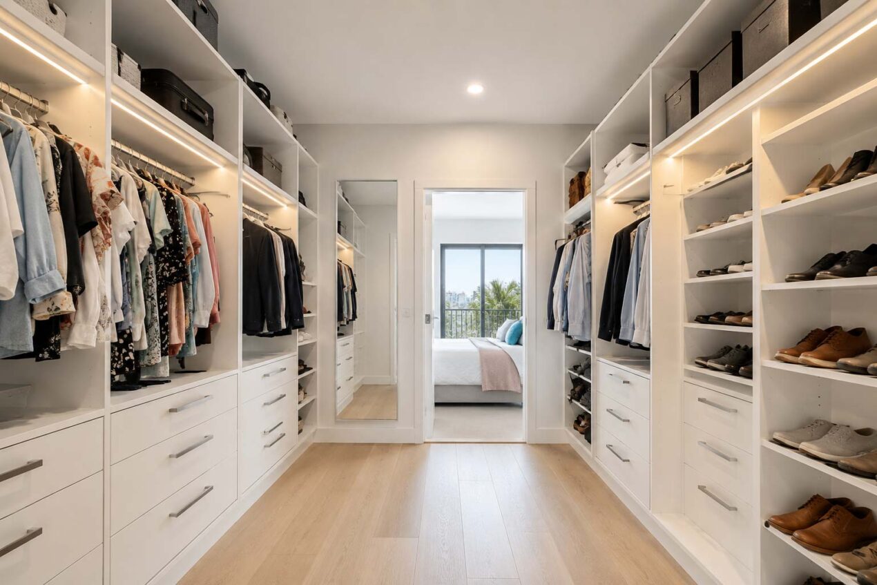 Walk-in wardrobe cost example with white melamine cabinetry and lighting in a Gold Coast master suite