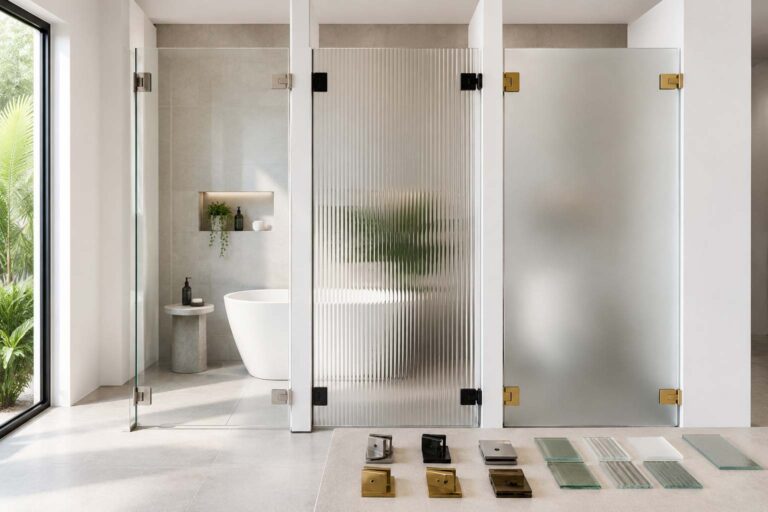 Custom shower screen glass, frame and hardware options arranged for a design consultation